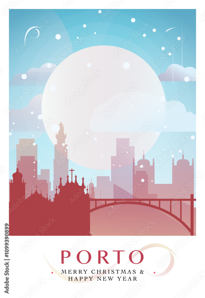 Obraz premium Christmas Porto retro poster for winter festives, New Year. Geetings, happy holidays and merry xmas from Portugal vector postcard layout