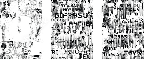 Set of glitch distorted grunge overlay textures. Collection of overlaying textures with halftone dots, scratches and lines .Screen print vector layers pack. Overlays with grunge textured surface