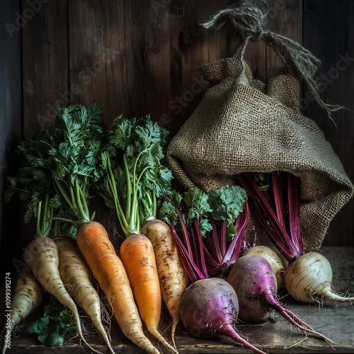 Freshly harvested carrots, parsnips, and beets in burlap sack. photo