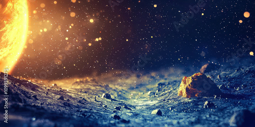 Wallpaper Mural A space scene with a large rock in the foreground and a planet in the background Torontodigital.ca