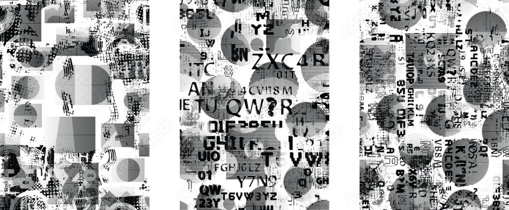 Fototapeta premium Set of glitch distorted grunge overlay textures. Collection of overlaying textures with halftone dots, scratches and lines .Screen print vector layers pack. Overlays with grunge textured surface