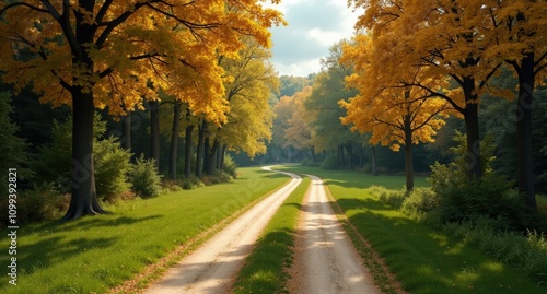 Many intersecting different green sand trails surrounded by fall trees, viewed at human eye level, ultra-realistic with vivid autumn colors and detailed ground textures.