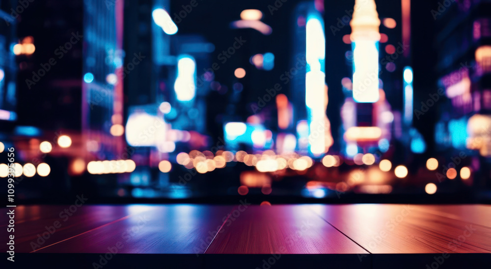 Fototapeta premium A city skyline with a wooden table in the foreground