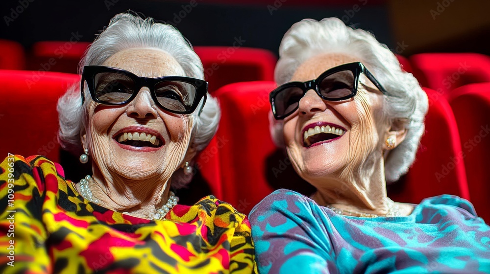 Obraz premium Two women in glasses are smiling and laughing together in a movie theater. Scene is lighthearted and joyful