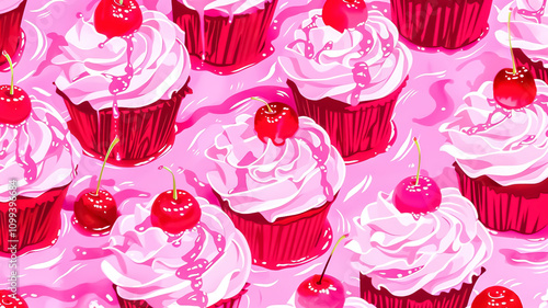 illustration of cupcakes with colorful frosting on a bright pink background, surrounded by scattered sprinkles, evoking a playful and cheerful vibe	
