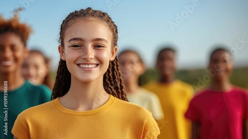 Diverse group of enthusiastic teen leaders organizing a community event demonstrating their initiative drive and commitment to making a positive impact on their and community photo