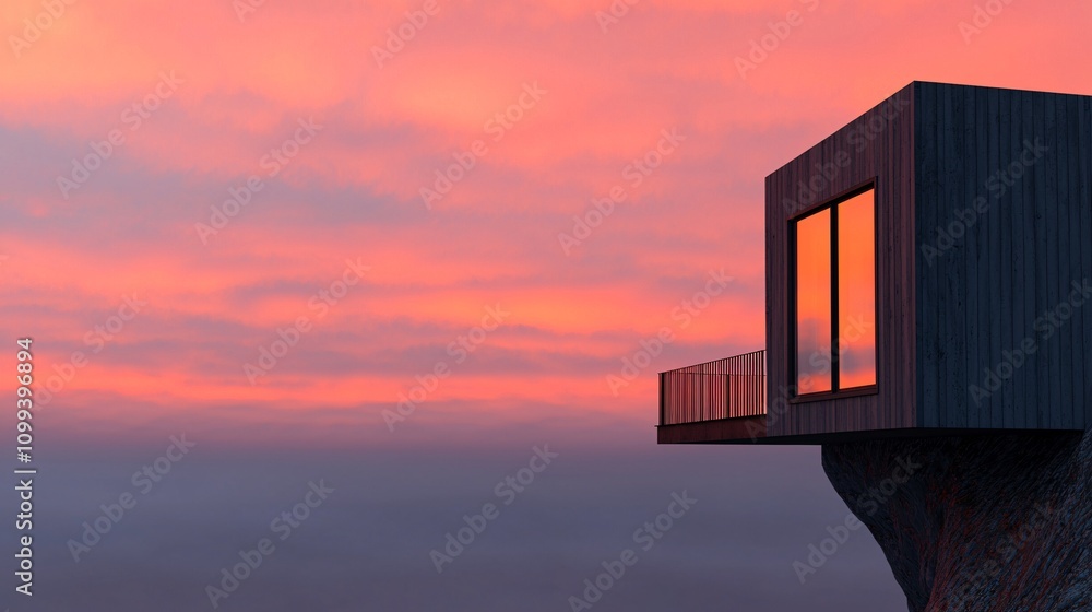 Fototapeta premium Travel adventure accommodation concept. A modern architectural structure with large windows perched on a cliff, reflecting a vibrant sunset sky filled with pink and orange hues.