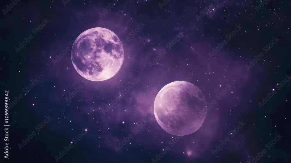 Obraz premium galaxy with two moons, dark purple background, soft light reflections, stars scattered, cosmic atmosphere, dreamy feel, serene look