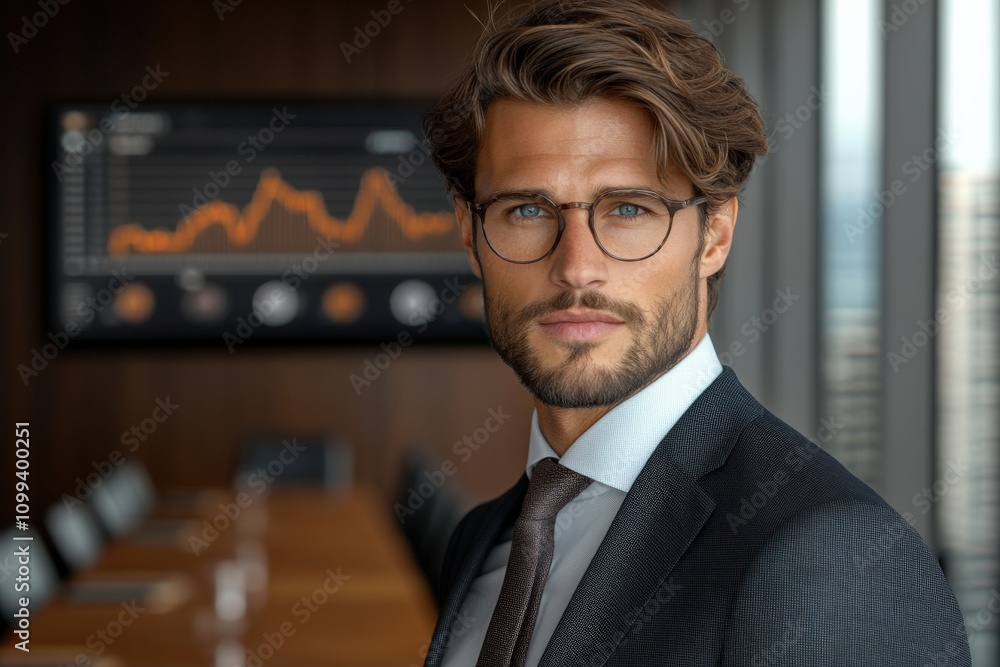 Naklejka premium Dynamic professional in sleek corporate boardroom with city skyline view exuding authority and ambition through engaging presentation of financial data