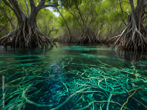 Mangrove Swamp: A vibrant mangrove swamp underwater, with tangled roots forming a maze-like landscape, bright green and teal shades, and an abundance of small marine life sheltering among the roots. photo