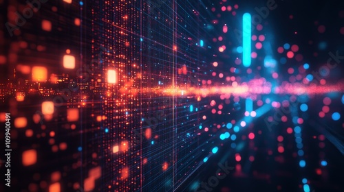 Wallpaper Mural Abstract digital grid with glowing lines and particles in red, orange, and blue colors. Torontodigital.ca