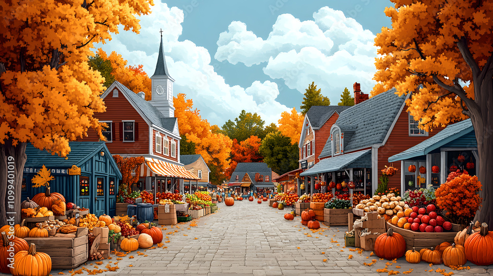 A charming retro-cartoon-style illustration of a small town square during autumn, with a bustling market full of pumpkins, apples, and baked goods, surrounded by colorful fall trees.