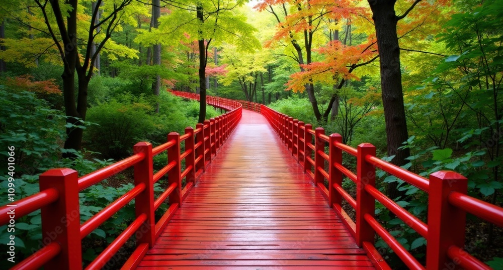Fototapeta premium One red wood boardwalk (road) surrounded by spring trees, viewed from above, showcasing the fresh spring landscape in ultra-realistic HD quality.
