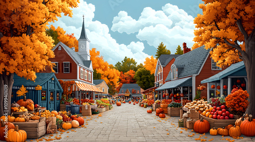 A charming retro-cartoon-style illustration of a small town square during autumn, with a bustling market full of pumpkins, apples, and baked goods, surrounded by colorful fall trees.