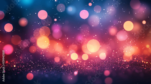 Decoration bokeh glitters background, abstract glowing backdrop with circles,modern design wallpaper with sparkling glimmers. Black, purple and golden backdrop glittering sparks with glow effect