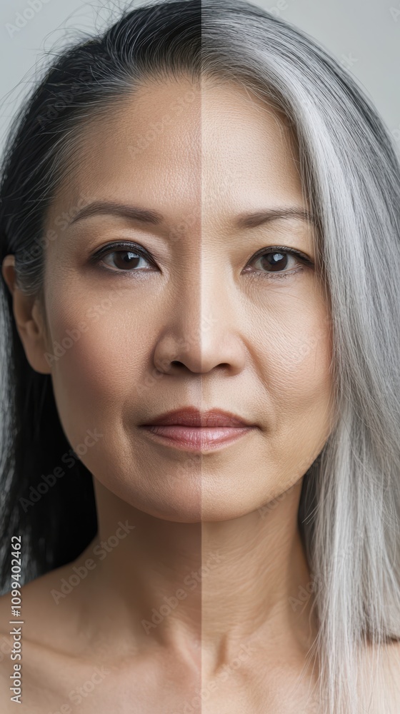 Obraz premium Portrait of stunning Asian woman with youthful and aged contrast, serene grace