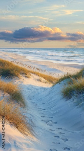 Footprints lead through sand dunes to a tranquil beach at sunset.