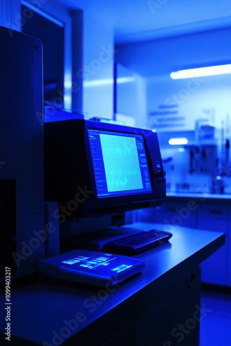 High-Tech Research Laboratory with Blue Lighting Featuring Advanced Computer Monitor and Equipment for Scientific Analysis and Experimentation photo