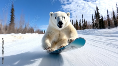 Polar bear is riding a snowboard down a snowy hill. The bear is white and he is enjoying the ride photo