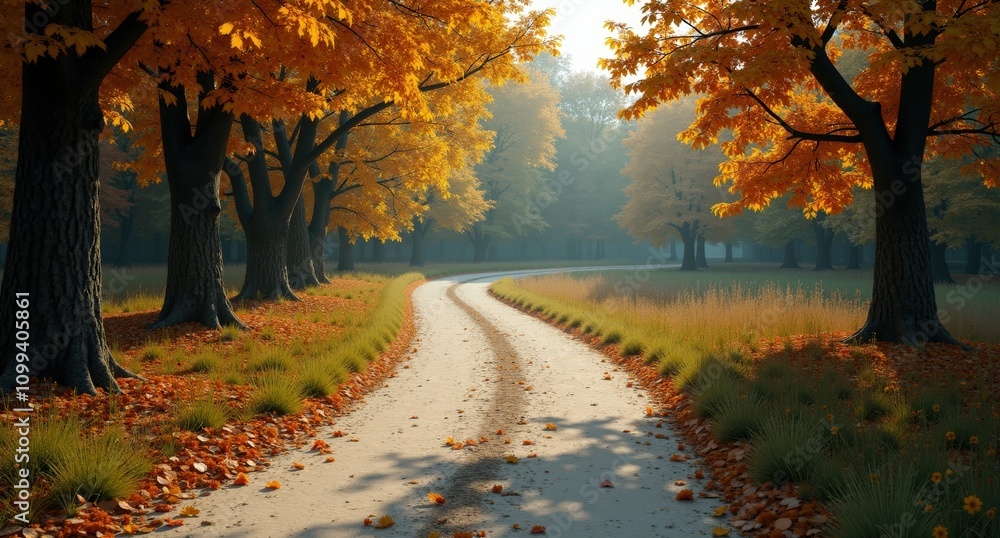 Fototapeta premium Gray sand trail through summer trees, viewed at human eye level, ultra-realistic with lush green foliage.