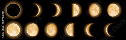 Golden moon phases, waxing form new to full and waning back. Hand drawn vector illustration. Eps 10