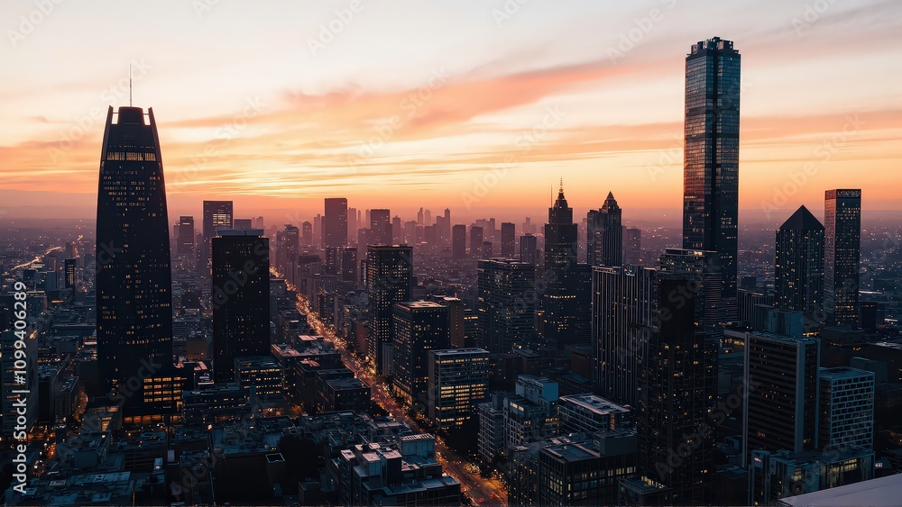 Fototapeta premium Generative AI, Modern Metropolis at Sunset with Reflective Skyscrapers