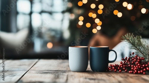 Two ceramic mugs on a wooden table with holiday decor, featuring evergreen branches and red berries, with a blurred background of warm festive lights. photo