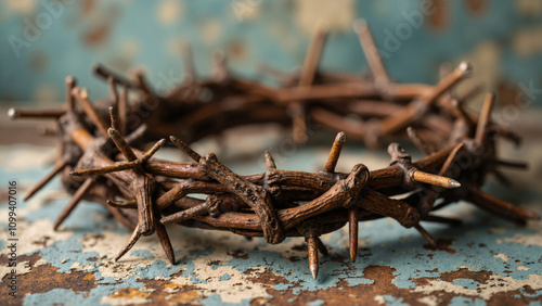 Crown of Thorns with Wooden Nails: Vintage Retro Aesthetic for Religious Art, Easter Events, and Faith-Based Marketing photo