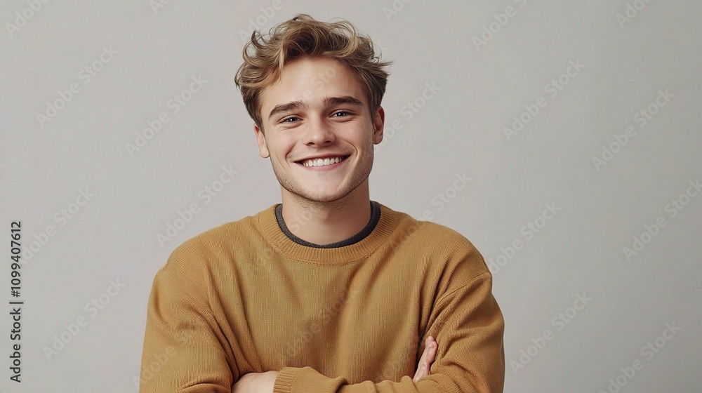 Obraz premium Handsome Young Man Smiling with Folded Arms and Positive Energy