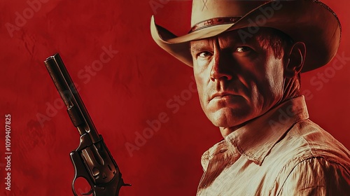 A Rugged Cowboy Holds A Revolver Against Red Background photo