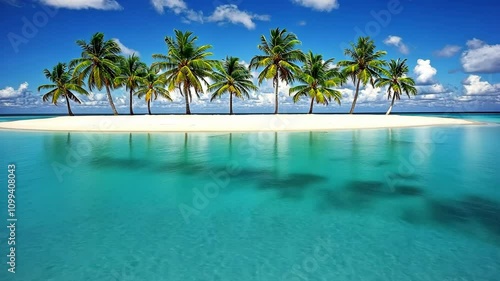 Tropical island with palm trees surrounded by clear turquoise water and a blue sky dotted with clouds photo