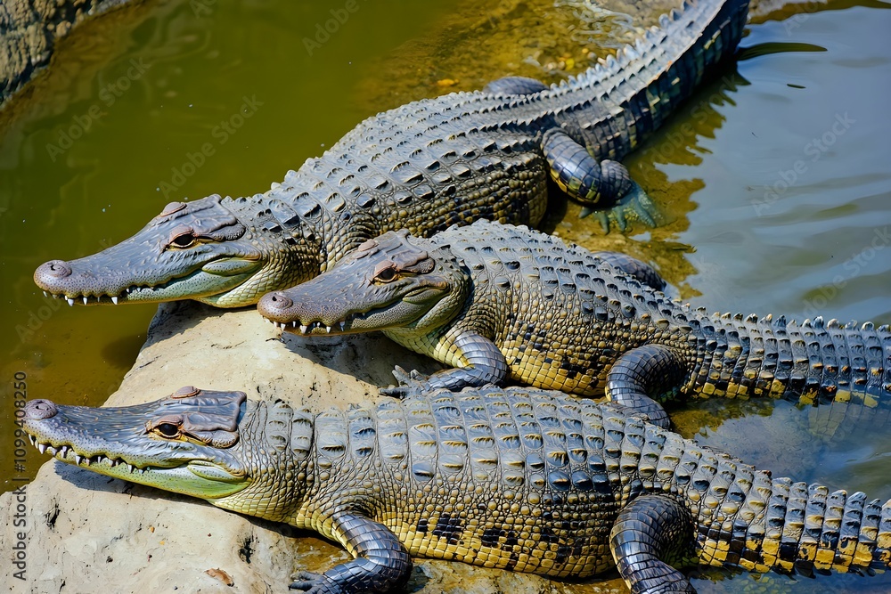 Obraz premium Crocodiles basking by the water in a natural habitat