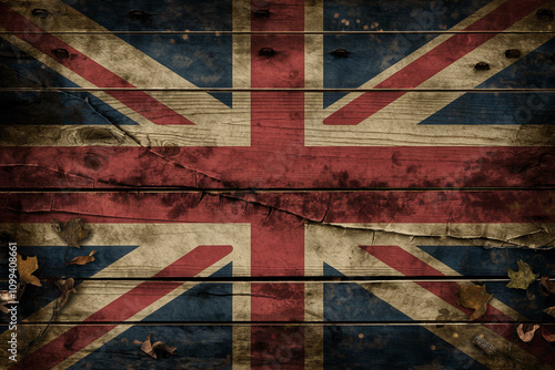 retro vintage historical old grungy union jack flag painted on a wood wall 
