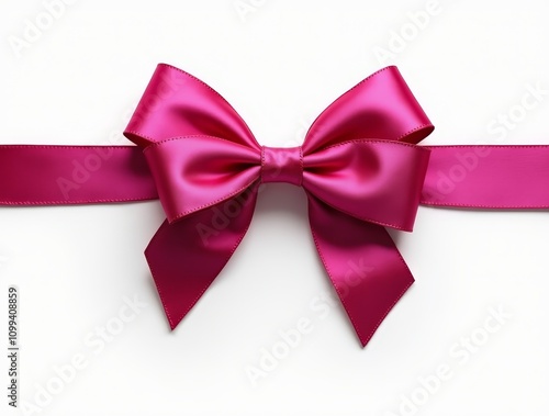 Pink satin ribbon bow with long tails on a white background. Isolated decorative element for gift wrapping and design projects photo