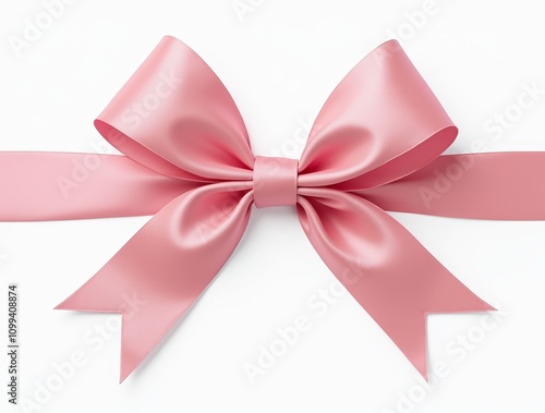 Pink satin ribbon bow with long tails on a white background. Isolated decorative element for gift wrapping and design projects photo