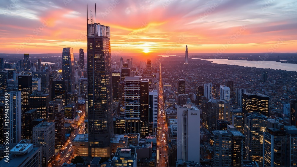 Obraz premium Generative AI, Modern Metropolis at Sunset with Reflective Skyscrapers