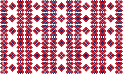 repeating geometric pattern composed of red and blue diamond shapes. These diamonds are arranged in vertical columns