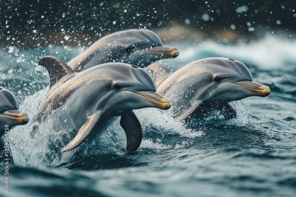 Obraz premium A pod of dolphins leaps out of the water, creating a spray of water droplets.