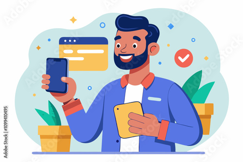 Happy Customer Shopping Online with Mobile Phone and Credit Card Illustration. Cheerful Latin bank customer man shopping online on smartphone