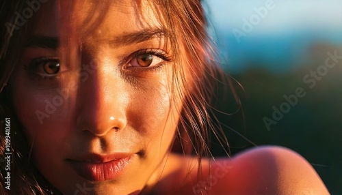 Close-up portrait of a young woman with brown hair and eyes. She is looking directly at the camera with a soft expression. The light is coming from the right side of the frame, highlighting her featur photo