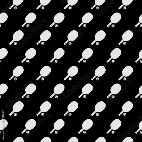 Pickleball paddle with ball icon seamless pattern isolate on black background