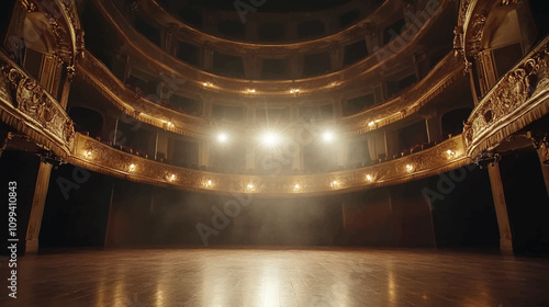 Wide shot of an Empty Elegant Classic theatre with Spotlight Shot from the Stage. Well lit Opera House with Beautiful Golden Decoration Ready to Receive Audience for a Play or Ballet Show