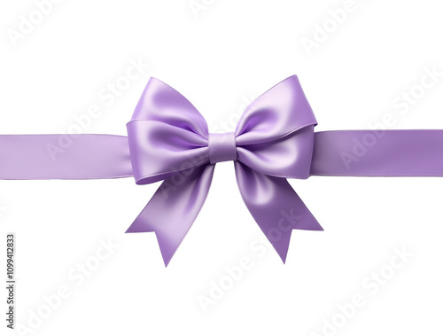 Lilac satin ribbon bow with tied tails on transparent background. Close-up cut out decoration for gift wrapping or holiday design. photo