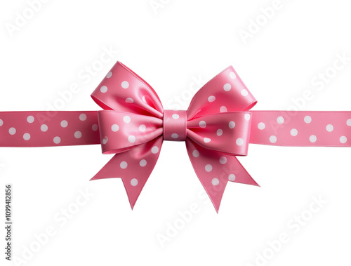 Pink polka dot ribbon bow with tied tails on transparent background. Decorative cut out element for gift wrapping, party, or festive design. photo