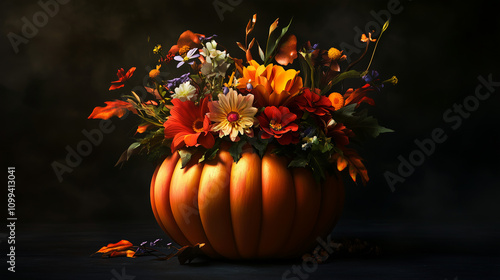 Halloween Flower Arrangement in Pumpkin combining fresh seasonal flowers and a festive pumpkin, perfect for spooky-themed decor photo