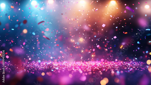 Neon spotlight stage background. Disco party projector light concert or show scene. Magic beam glow for nightclub or award winner with confetti glitter. Congratulation performance for celebrity