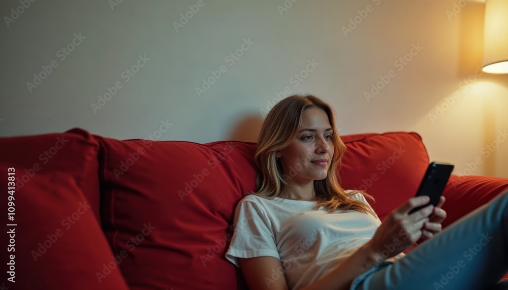 Obraz premium woman with phone on a sofa