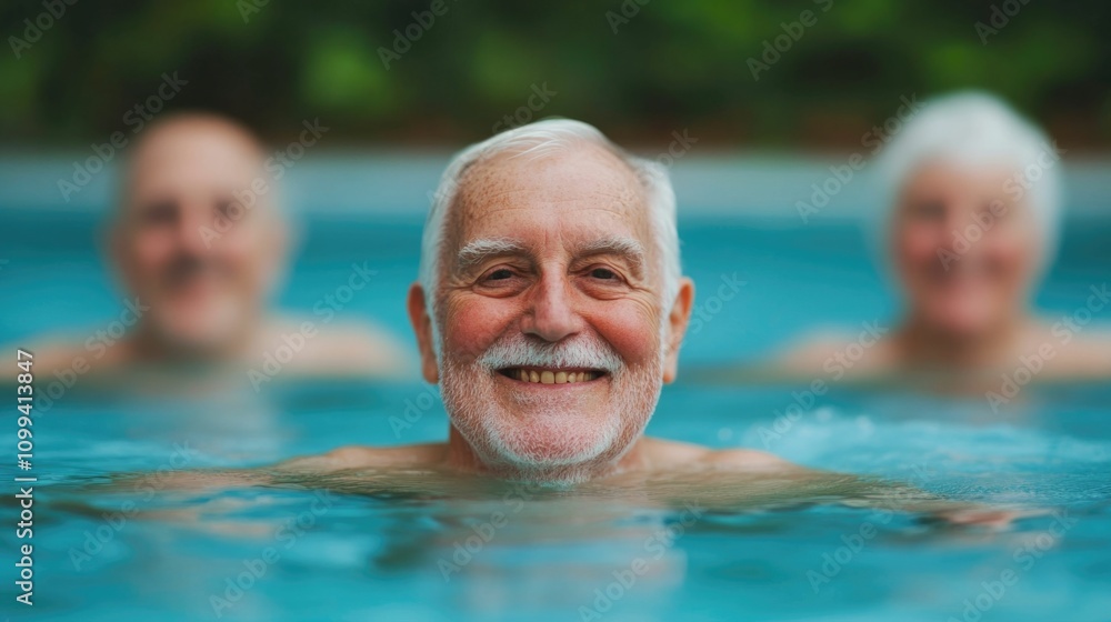 Fototapeta premium Cheerful Senior Man Demonstrating an Active Lifestyle and Wellness Through Water Aerobics in a Refreshing Pool Setting