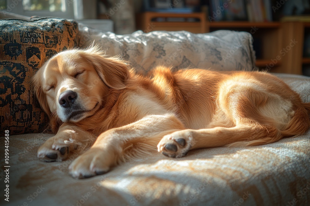 Obraz premium Golden Retriever dog peacefully sleeping on a couch in sunlight.