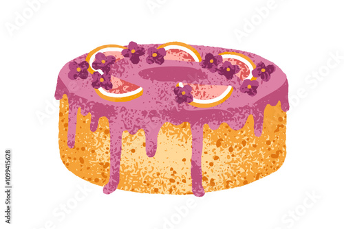 Festive cake with dripping glaze, flowers decoration, vanilla sponge. Holiday...